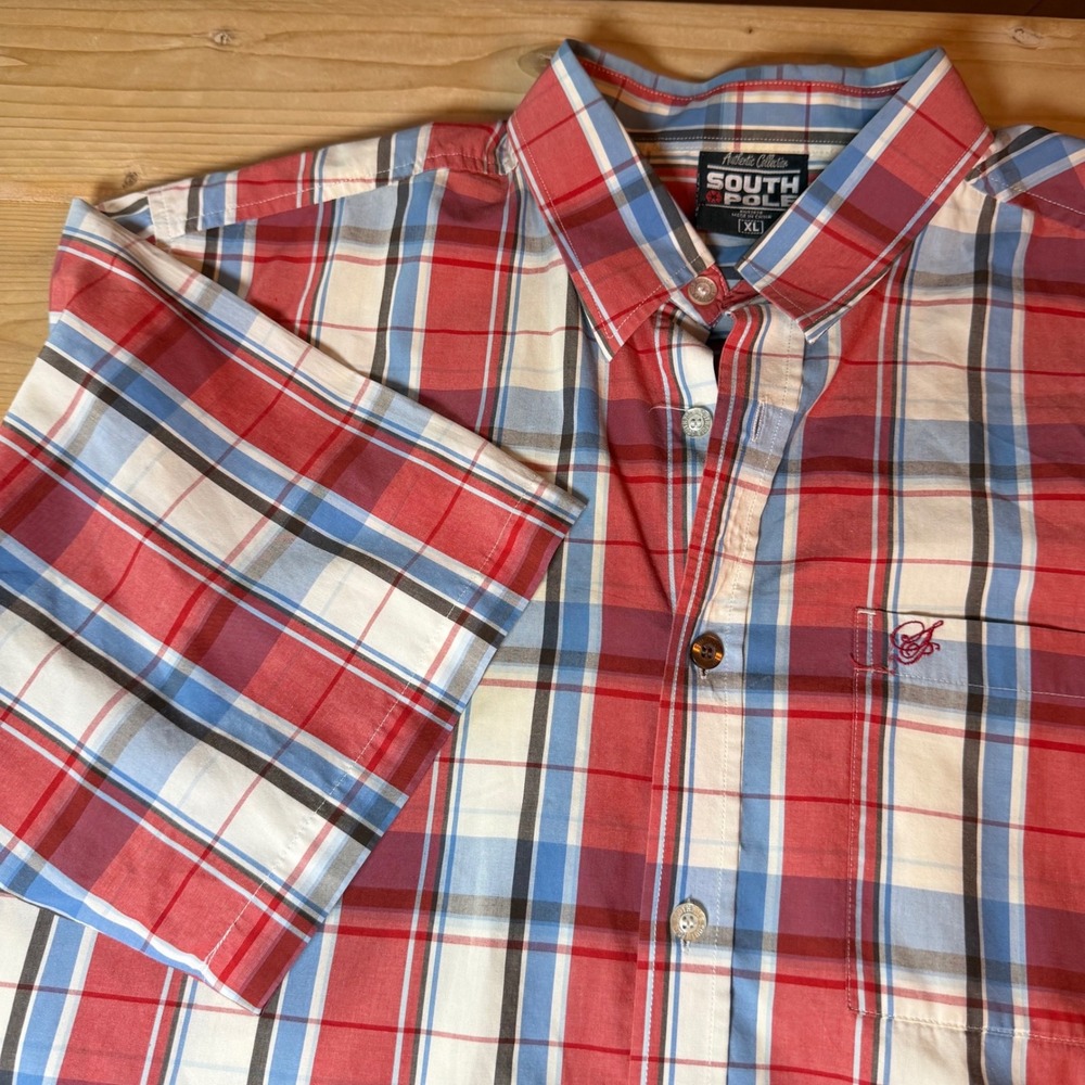 Southpole Mens XL Short‎ Sleeve Button Down Shirt Red Blue Plaid Streetwear XL